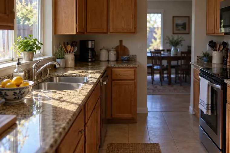Clean kitchen with granite counters and wood cabinets in afternoon light